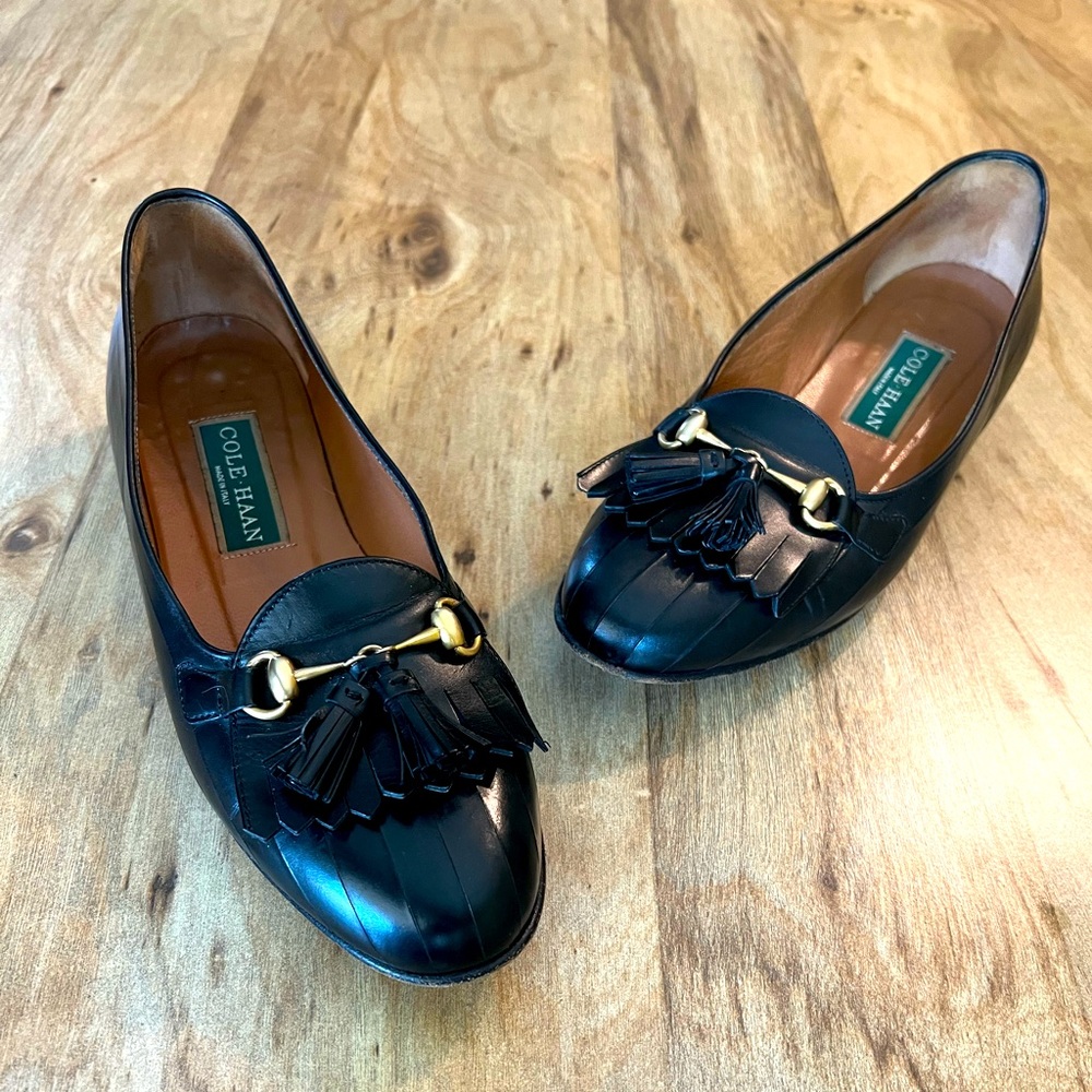 SOLD- Vintage Cole Haan Black Leather Horse Bit and Tassel Loafers